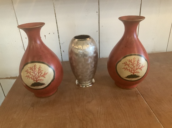 3 Vases- 2 Ceramic, 1 Ikora Silver Vase