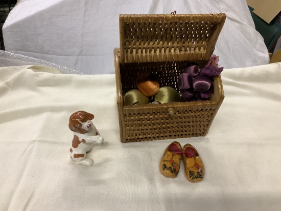 Basket W/decorations, Glass Dog & Small Wooden Shoes
