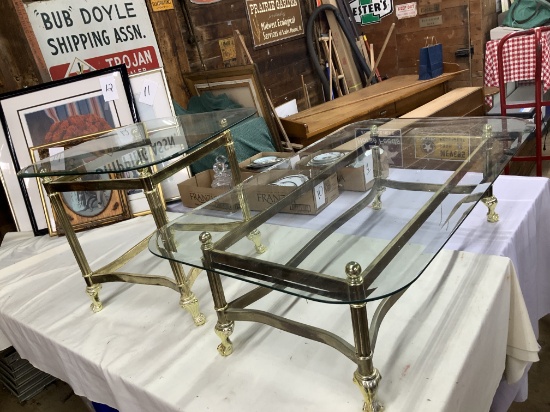 2 Brass & Glass Tables- 1 End Table, 1 Coffee Table