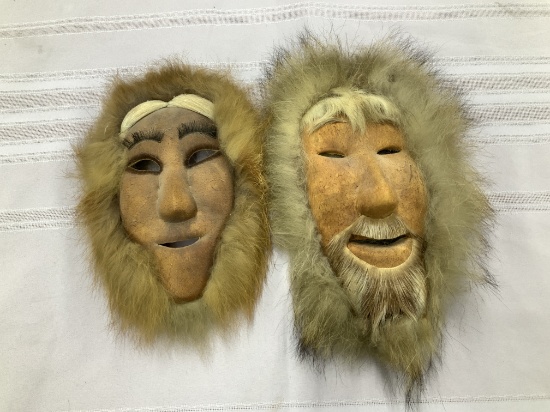 2 Inuit Masks Made of Caribou Hide & Fur