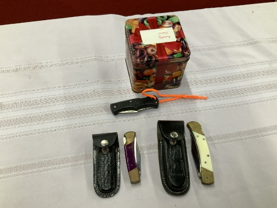 Tin w/3 Knives- 2 w/Leather Cases