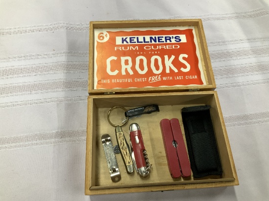 Vintage Wooden Cigar Box w/Knives, Openers