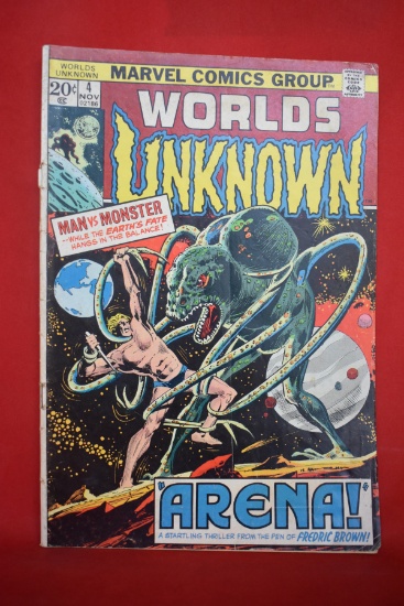 WORLD UNKNOWN #4 | MAN VS MONSTER! | DICK GIORDANO - 1973 | *TOP STAPLE - CREASING - WEAR - SEE PICS