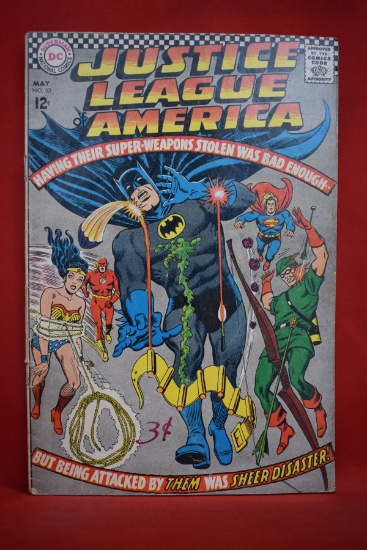 JUSTICE LEAGUE #53 | STOLEN SUPER WEAPONS! | SEKOWSKY - 1967 | *SEE PICS - TAPE - SOLID*