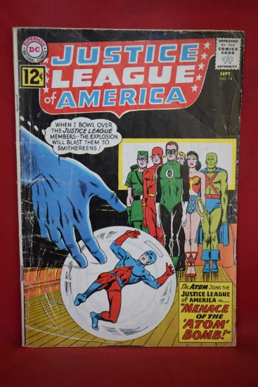 JUSTICE LEAGUE #14 | KEY ATOM JOINS THE JLA - ANDERSON/FOX - 1962 | *STAPLES GOOD, CREASING*