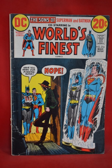 WORLDS FINEST #216 | LITTLE TOWN, BIG SECRET - HANEY - 1973 | *TOP STAPLE BARELY ATTACH/WEAR/CREASE