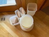Multiple tupperware containers with lids, vegatable tray