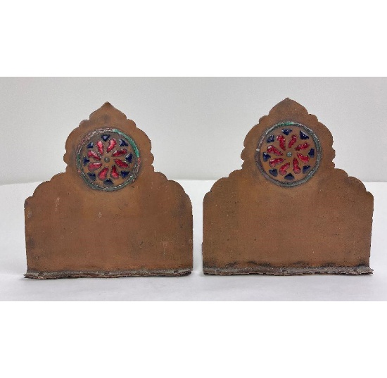 Arts And Crafts Enameled Hammered Copper Bookends