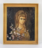 Mid Century Oil On Canvas Woman W/ Flowers Signed