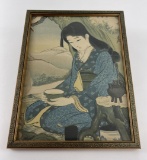 Antique Japanese Woodblock Print Woman With Censor
