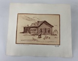 Ace Powell Etching Sepia Tone Frontier Cabin