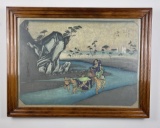 Antique Japanese Painting Men Crossing River