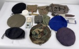 Group Of Military Items Berets Pouches