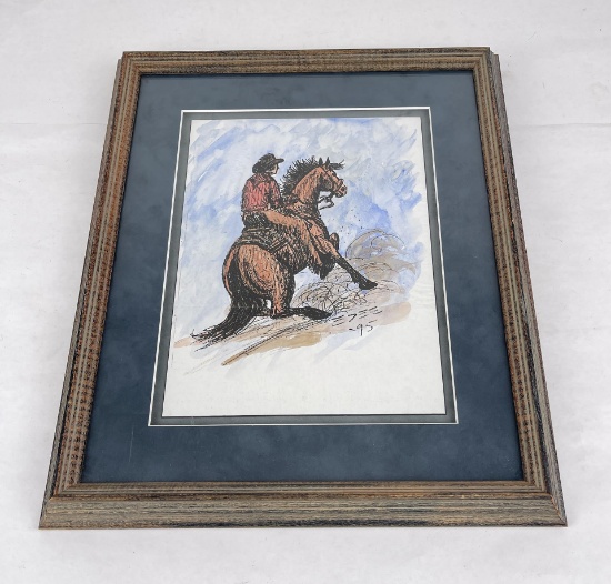 Watercolor On Paper Cowboy On Horseback