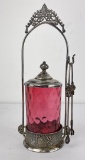 Antique Cranberry Thumbprint Glass Pickle Caster