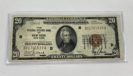1929 $20 National Currency Note New York