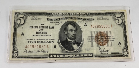 1929 $5 National Currency Massachusetts Note