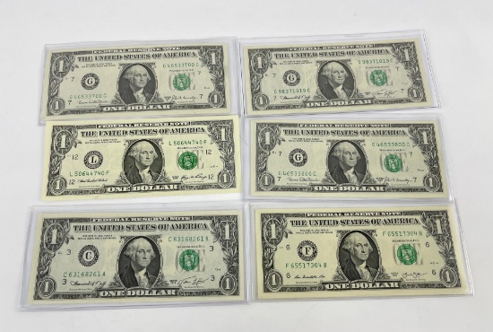 Lot of 6 Uncirculated $1 Notes