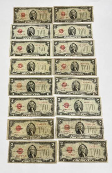 Lot of 16 Red Seal 1928 $2 Notes