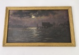 Antique Harbor at Night Oil on Board Painting