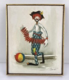 Mid Century Clown Oil on Canvas Painting