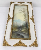 Antique Pastel Drawing Mountain Landscape