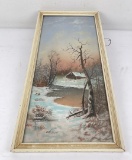 Campbell Oil on Board Painting Cabin in Winter