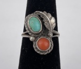 Sterling Silver Navajo Turquoise Coral Ring