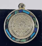 Mexican Sterling Silver Inlaid Aztec Pendant