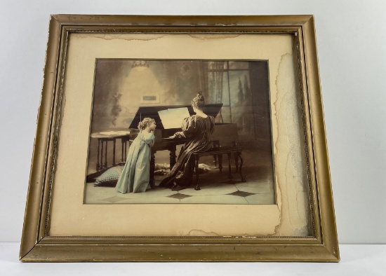 Antique Hand Tinted Photo Mother and Child Piano