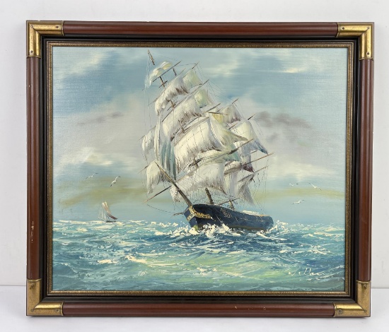 Ship in Rough Seas Nautical Oil on Canvas Painting