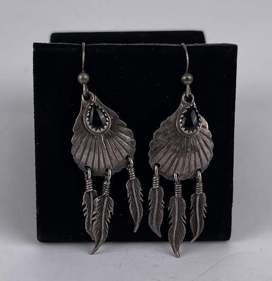Navajo Sterling Silver Jet Feather Earrings