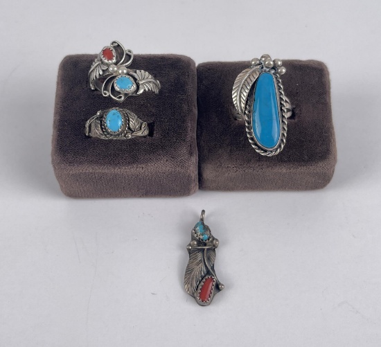 Group of Sterling Silver Turquoise Navajo Rings