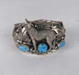 Navajo Sterling Silver Turquoise Wolf Bracelet