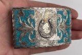 Sterling Silver Turquoise Inlay Cowboy Belt Buckle