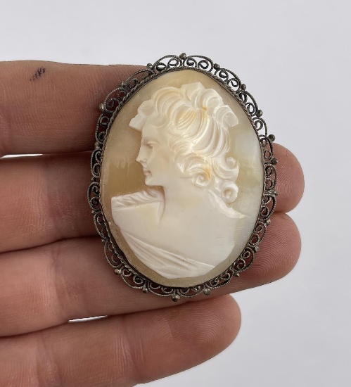 Victorian Sterling Silver Shell Cameo Brooch