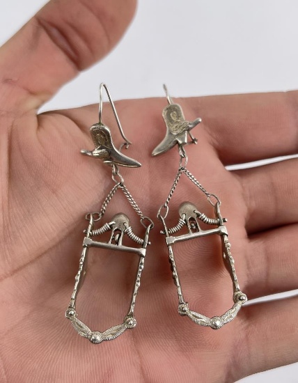 Sterling Silver Cowboy Boot Horse Bit Earrings