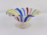 Murano Latticino Ribbon Swirl Ruffled Glass Dish