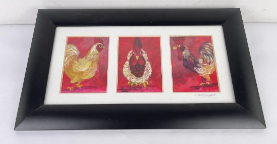 Folk Art Chicken Rooster Painting Tryptic