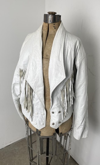 Vintage White Fringed Leather Western Jacket
