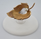 14k Gold Pearl Leaf Brooch