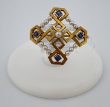 10k Gold Pearl and Sapphire Brooch