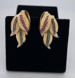 18k Yellow Gold Ruby Sapphire Emerald Earrings