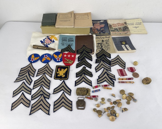 Large Group of Army Patches Medals Books
