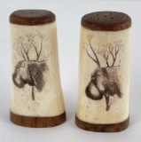 African Scrimshaw Bone Hippo Salt Pepper Shakers