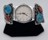 Navajo Turquoise Coral Sterling Watch Band