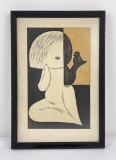 Girl and Dove Kaoru Kawano Woodblock Print
