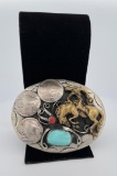 Turquoise and Coral Bucking Bronc Belt Buckle