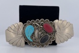 Navajo Sterling Silver Turquoise Coral Brooch