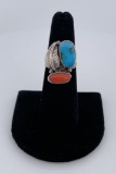 Navajo Sterling Silver Turquoise Coral Ring